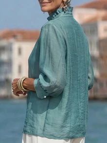 Linhara Plus Size Women's French Style Ruffle Collar Tencel Linen Shirt, Teal 3/4 Sleeve Blouse, Suitable For Commuting Vacation Brunch Office Summer Elegant - Teal Blue - View 2