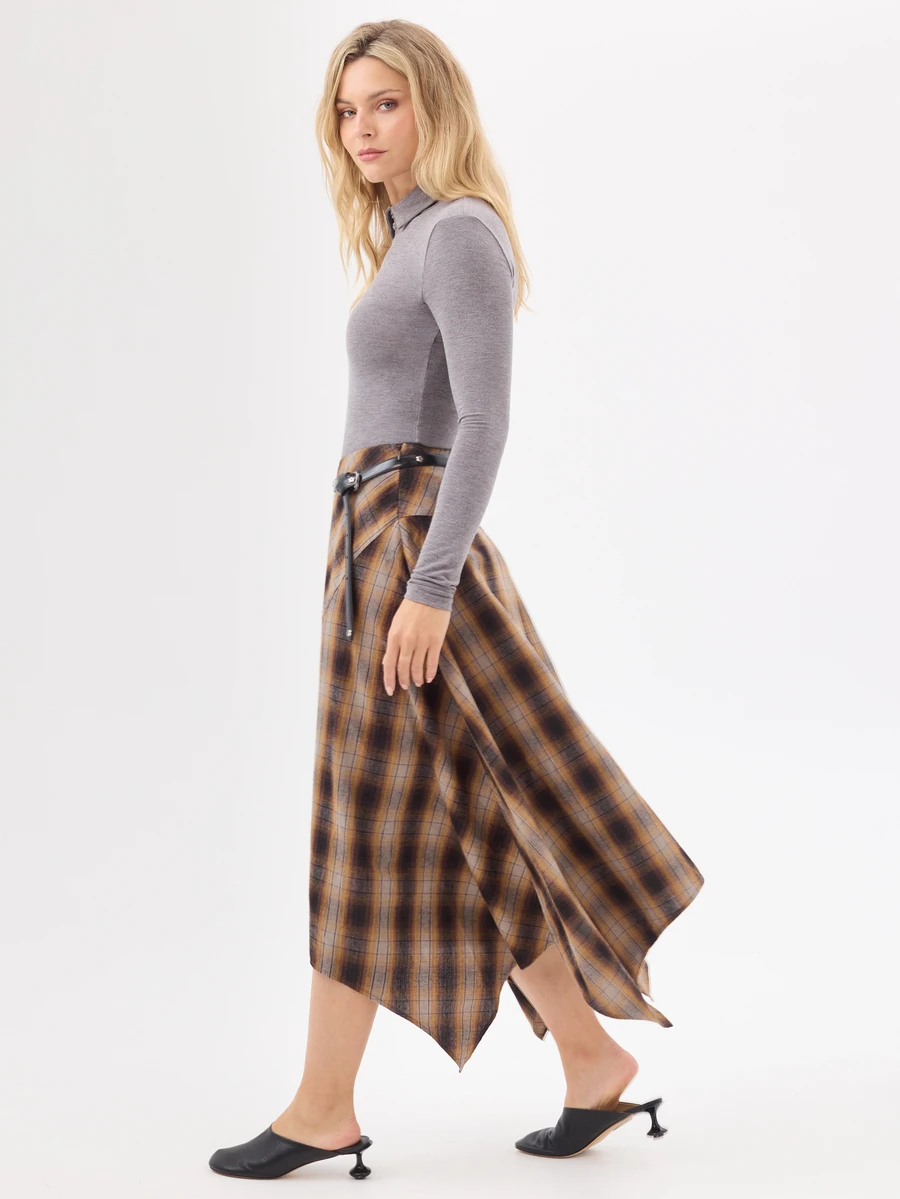 KÆRIA Hus Rok Midi Model Sapu Tangan Asimetris - Drape Warna Peach - Kotak-kotak Cokelat - Kotak-kotak, Gaya Barat, Era 90-an, Drape, Boho
