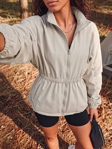 Exploreva Exploreva Women's Outdoor Minimalist Zipper Waist-Cinching Pocket Jacket - Apricot - View 5