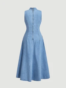 LUMIGAL Women's Casual Daily Summer Denim Dress With Pockets And Pleats - Blue - View 5