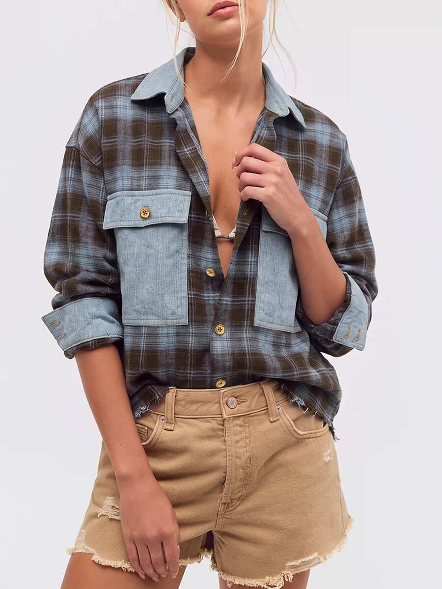 Bohemela Casual Woven Patchwork Loose Fit Women's Shirt - Blue - View 1