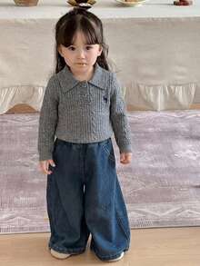 DAZY Baby Girl Button Half-Placket Embroidered Long Sleeve Sweater - Grey - View 7