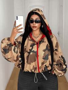 Maweii New Printed Loose Casual Colorblock Short Long Sleeve Jacket - Army Green - View 1
