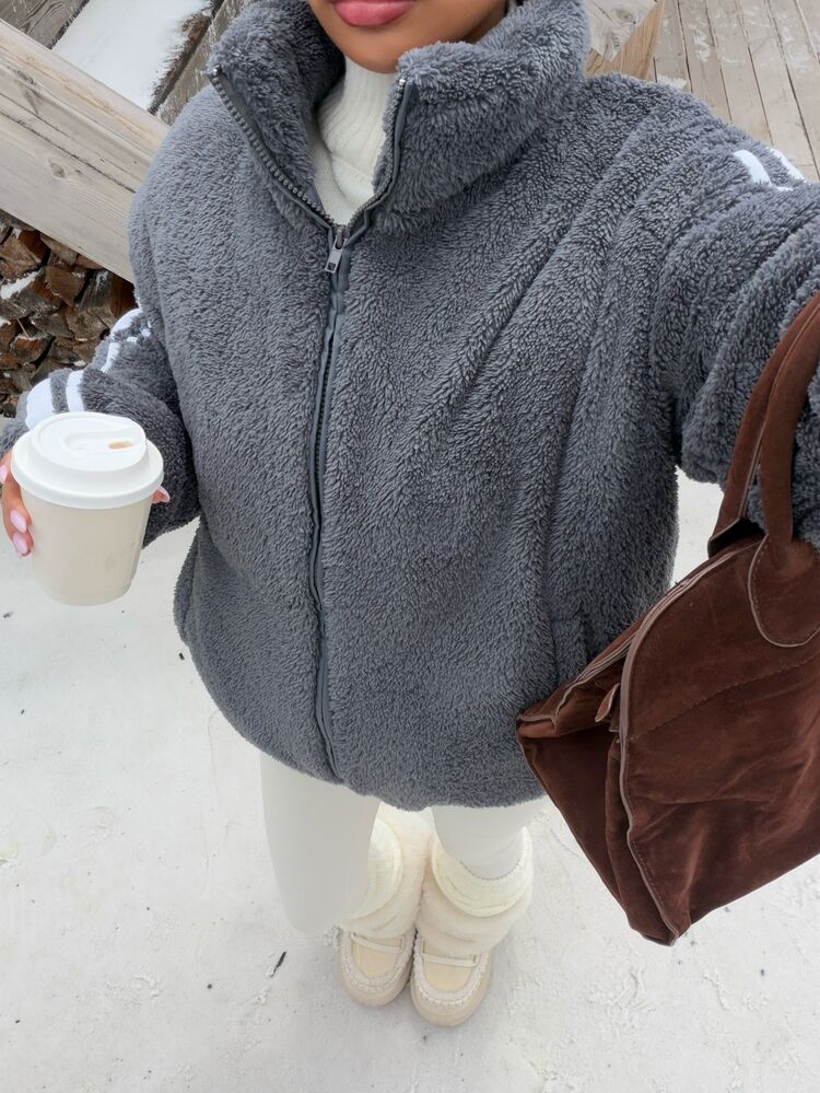 Muchica Women's Winter Grey Plush Patchwork Webbing Loose Stand Collar Padded Coat - Grey - View 3
