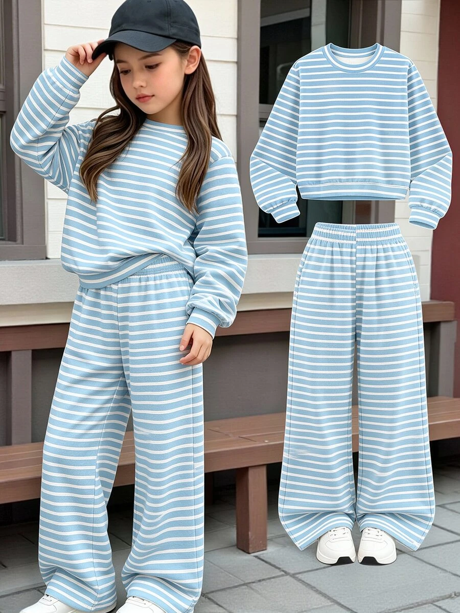 幼童女款條紋運動衫與寬腿褲套裝,淺藍色舒適寬鬆版型 (1套) 秋冬 - 彩色 - 查看 1