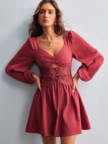 Willow Rêve Women's Red Lace Patchwork V-Neck Puff Long Sleeve Mini Dress - Red - View 5