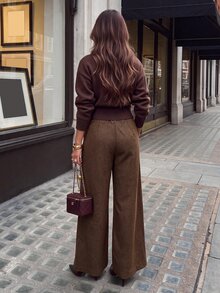 Allurite Women's Solid Color Asymmetric Waist Pleated Wide Leg Elegant Long Pants - Brown - View 2