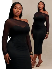 SHEIN SXY Black High Elasticity Knit Mesh Patchwork Asymmetric Neckline Long Sleeve Fitted Midi Dress - Black - View 1