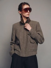 MOTF PREMIUM Wide Shoulder Silhouette Herringbone Contrast Collar Jacket Coat Autumn/Winter - Brown - View 6