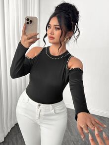 Elenzga Plus Size Elegant Cold Shoulder Beaded Black Long Sleeve Round Neck Top, Party Elastic T-Shirt - Black - View 4