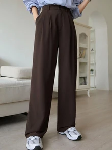 DAZY 素色高腰極簡經典長褲休閒簡約風格校園通勤 - 棕色 - 查看 1