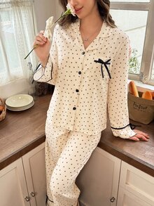 Snug Reverie Women's Apricot Star Print Romantic Fresh Style Long Sleeve & Long Pants Pajama Set, Bow Design On Cuffs And Ankles, Suitable For All Seasons, Home And Outdoor Wear - Apricot - View 4