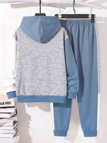 Tween Boy Casual Minimalist Long Sleeve Hooded Comfortable Sweatshirt 2 Pieces Set, Suitable For Autumn/Winter, Classic Handsome Cool Color Block Patchwork, Classic City Name New York Text Graphic Print - Multicolor - View 4