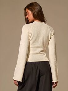 Athîral Women's Fit Off-White Knit Top,Textured Finish,Stand Collar,Keyhole Front,Button Closure,Flared Sleeves,New Chinese Style,Date,Long Sleeve Sweaters - Beige - View 2
