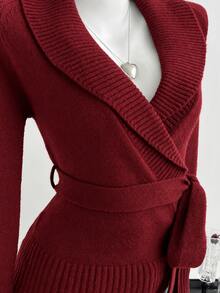 Elamini Women's Deep Brown Oversized Lapel Cross-Waist Tie-Up Sweater, Hot Girl Style - Burgundy - View 6