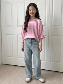 DAZY Tween女孩杏色針織條紋短袖圓領秋季燈籠袖寬鬆T恤 - 粉色 - 查看 7