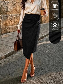 SHEIN Clasi 女款素色百褶休閒百搭日常穿著裙 - 黑色 - 查看 5