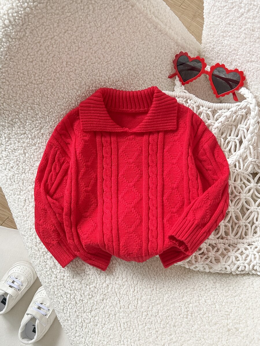 SHEIN 女嬰紅色領口針織毛衣,套頭毛衣,紅色,紋理設計,適合秋冬、節日、派對、聖誕節 - 紅色 - 查看 1