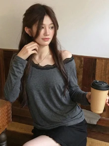 DAZY Women's Lace Patchwork Asymmetrical Shoulder Long Sleeve T-Shirt Pajama Top Loungewear - Grey - View 1