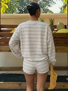 Veykashi Plus Size Women's Early Autumn Casual Striped Crew Neck Long Sleeve Top And Drawstring Waist Shorts 2 Pieces Set (Blue Grey) - White - View 2