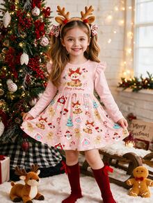 Kids Young Girl Reindeer Christmas Pattern Print Ruffle Hem Dress Creative Gift - Multicolor - View 3