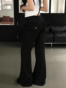 DAZY 女款純色休閒百搭日常喇叭褲 - 黑色 - 查看 2