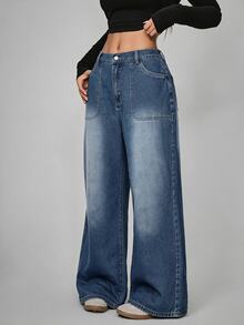 Rivivi Plus Size Women's Straight Leg Loose Casual Versatile Denim Jeans With Pockets - Blue - View 3