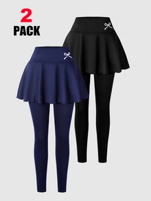 SHEIN Teen Girls 2Pcs Summer Skirted Leggings High Waisted Bow Decor Elastic Knitting Stretchy Pants Pack White Black Cute - Multicolor - View 3