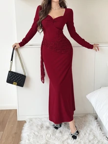 Feyla Women's Elegant Front Knot Ruched Fishbone Lace Dress - Red - View 6