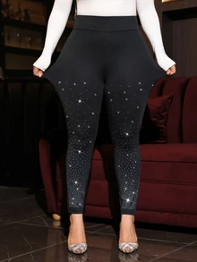 SHEIN Clasi Legging Fashion Wanita Ukuran Besar Warna Polos Pinggang Tinggi dengan Hiasan Berlian Imitasi - Hitam - View 3