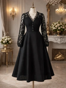 Rometta Plus Size Elegant Solid Color V-Neck Lace Patchwork Waist-Cinching Dress Suitable For Party And Ball Wear - Black - View 1