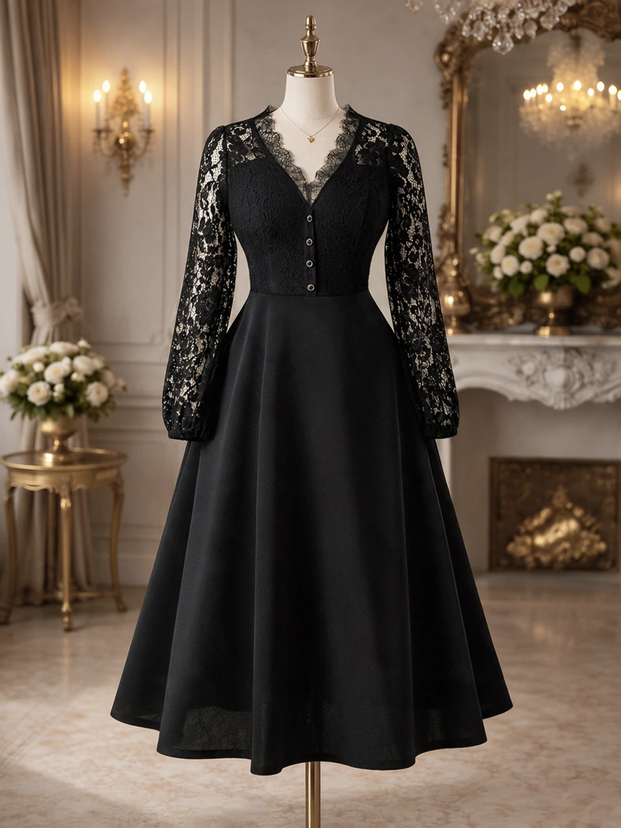 Rometta Plus Size Elegant Solid Color V-Neck Lace Patchwork Waist-Cinching Dress Suitable For Party And Ball Wear - Black - View 1
