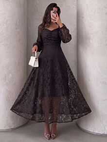 Modelyn Autumn/Winter Lace Waist-Cinching Slimming Elegant Fashionable Long Dress - Coffee - View 3