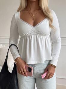 SHEIN Tall CURVE Plus Size Women's Solid Color Contrast Lace Sweetheart Neck Long Sleeve Fashion T-Shirt Fall - White - View 3