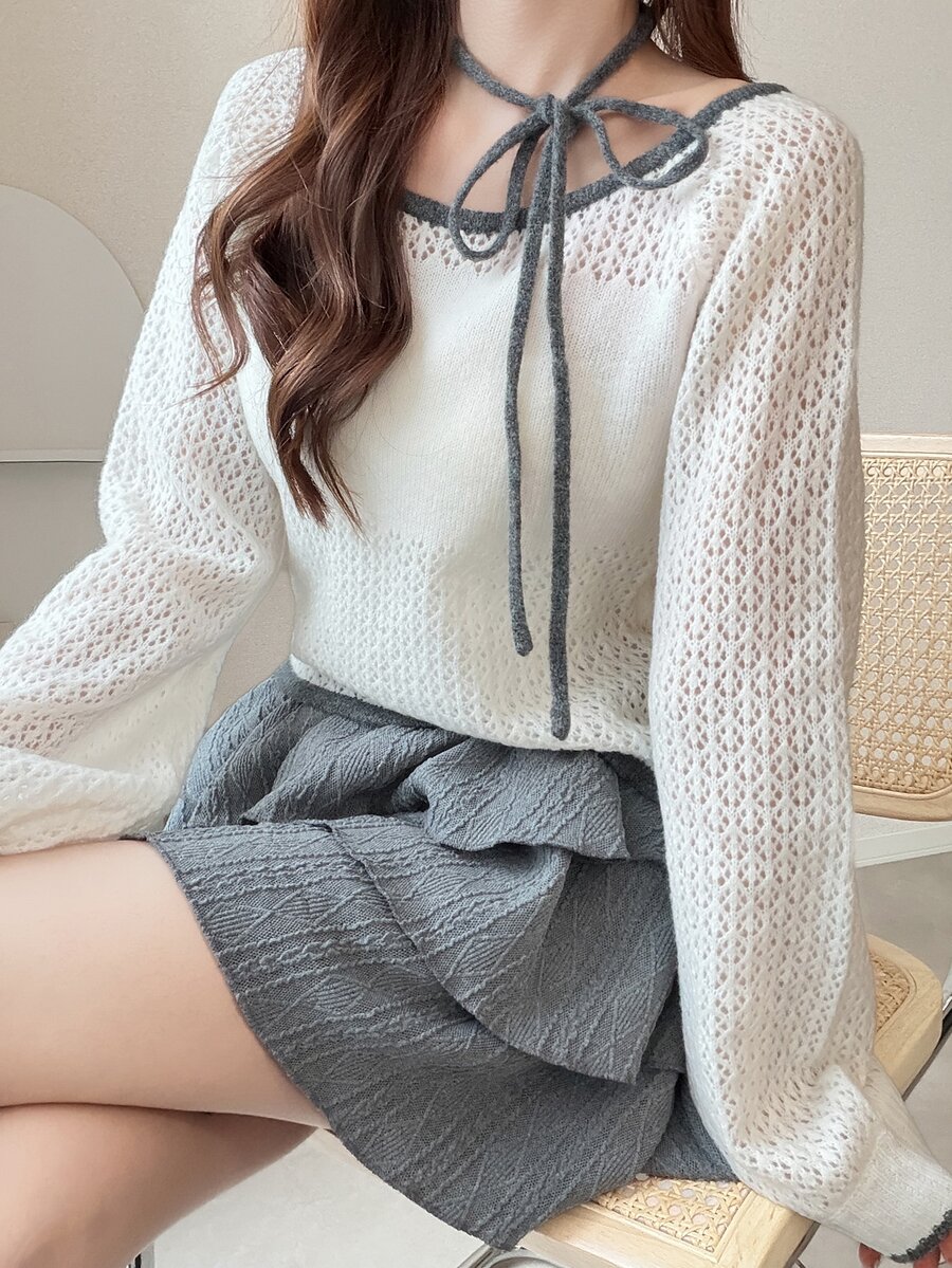FRIFUL Women's Tie Design Contrast Trim Long Sleeve Hollow Out Versatile Sweater - Apricot - View 1