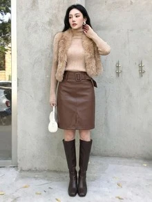 DAZY Women's PU Leather Casual Elegant Skirt - Brown - View 3
