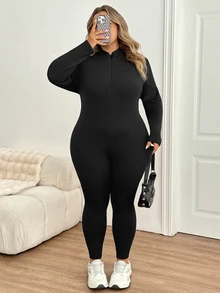 SHEIN CURVE+ Plus Size Women's Solid Color Zipper Front Long Sleeve Thermal Lined Jumpsuit Suitable For Outdoor, Home And Casual Occasions - Black - View 8