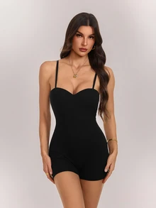 SHEIN Tall Women's Solid Color Fitted Backless Spaghetti Strap Romper - Minimalist Black, Suitable For Sexy Summer Outfits - Black - View 3