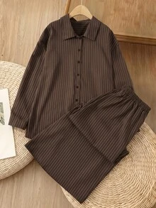 Rusticease Plus Size Women's Striped Long Sleeve Single-Breasted Shirt And Skirt Casual 2 Pieces Set - Brown - View 5