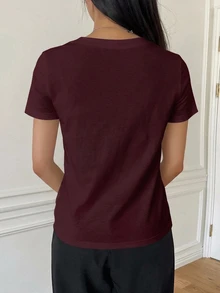 DAZY Women's Solid Color Round Neck Casual Versatile Short Sleeve T-Shirt - Burgundy - View 2