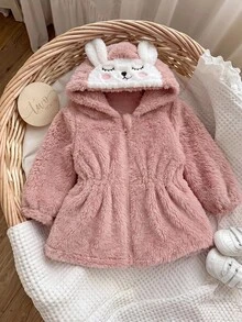 SHEIN جاكيت فروي بغطاء رأس بنمط الكرز لطيف وعملي متعدد الاستخدامات للخريف/الشتاء للبنات الصغيرات - وردي - مشاهدة 5