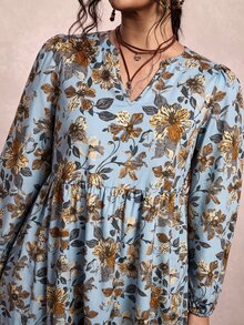 Freevana 大尺碼女款花卉印花V領長袖荷葉邊優雅洋裝 - 彩色 - 查看 5