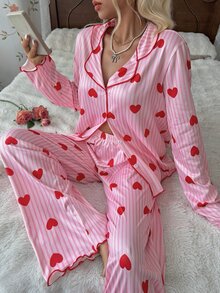 SHEIN 甜美條紋韓系愛心印花女款長袖長褲睡衣居家服 - 粉色 - 查看 4