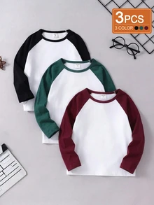 SHEIN Boys Space Print Comfortable Raglan Sleeve 3 Pieces Set Versatile T-Shirt Autumn - Multicolor - View 1