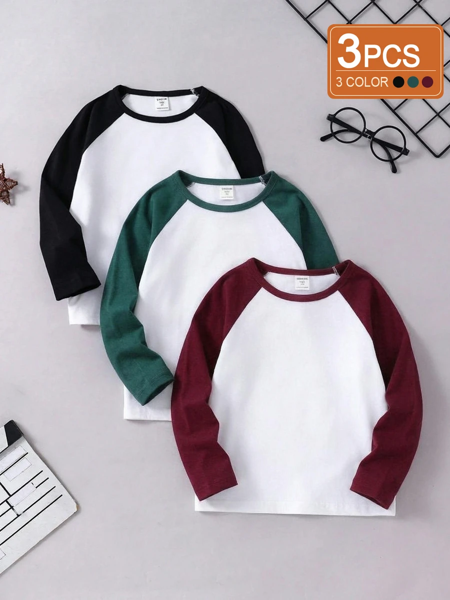 SHEIN Boys Space Print Comfortable Raglan Sleeve 3 Pieces Set Versatile T-Shirt Autumn - Multicolor - View 1