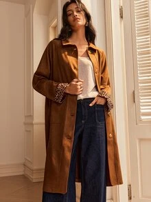 Écloséra French Style Brown Mid-Length Coat With Leopard Print Patchwork Cuffs, Vintage Casual Elegant Fall/ Jacket Office - Brown - View 6