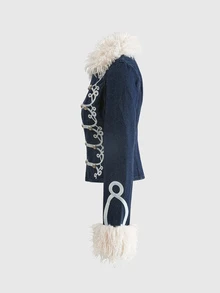 ROMWE Avant Women's Webbing Button Faux Fur Patchwork Denim Jacket - Blue - View 5