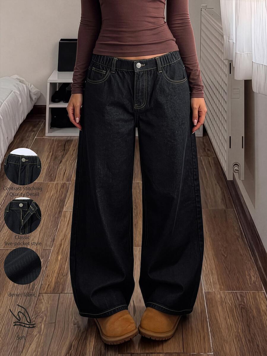 SHEIN Teen Girls Y2K Tea Color Contrast Stitching Black Gray Washed Loose Straight Leg Wide Leg Denim Jeans, Back To School Casual Street Style Denim Pants - Black - View 1