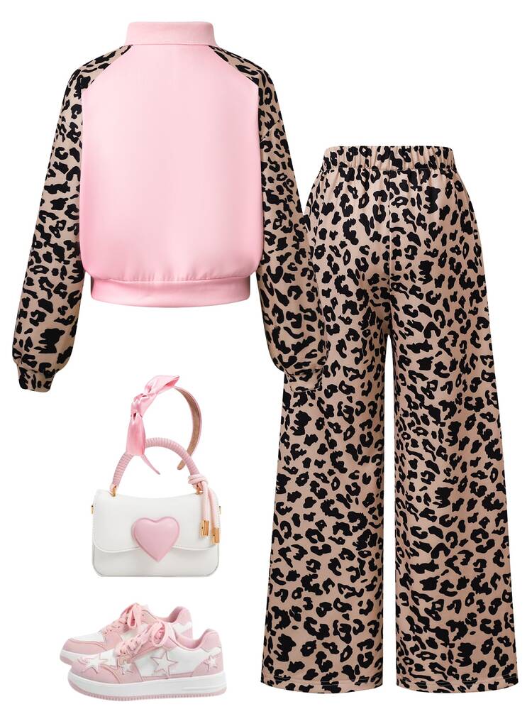 SHEIN Girls' Casual 2 Pieces Set With Leopard Print Digital Pattern Stand Collar Sweatshirt, Suitable For Spring, Autumn And Winter, Campus Wear, Daily, School, Commuting, Travel, Walking, Shopping, Outings, Can Be Paired With Jacket, Vest, Padded Coat - Multicolor - View 2