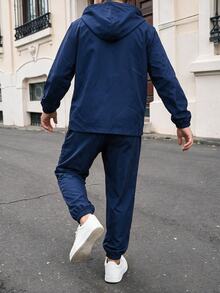 SHEIN 2件組兒童青少年男孩休閒日常百搭舒適拼接連帽半拉鍊套頭寬鬆長袖外套與寬鬆慢跑褲梭織套裝，適合秋冬 - 藏蓝色 - 查看 2